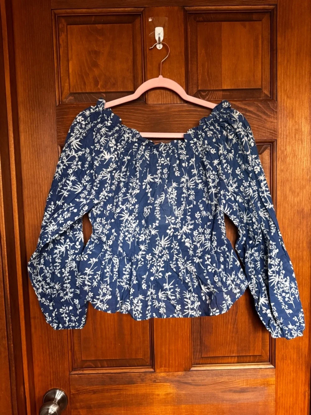 44. Blue Floral Off-Shoulder Smocked Peplum Blouse - Picture 3 of 11